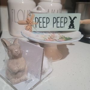 Easter decor bundle, bunny salt and pepper shakers, peep peep sign and cakestand